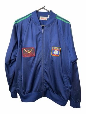 Vtg Main Event Navy Track Jacket Green Stripes Bob Marley and Belize Patches